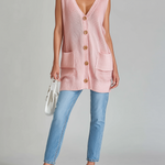 ElevenOra Fashion Casual Pink Loose Sleeveless V-neck Button  Patch Pockets Knit Vest