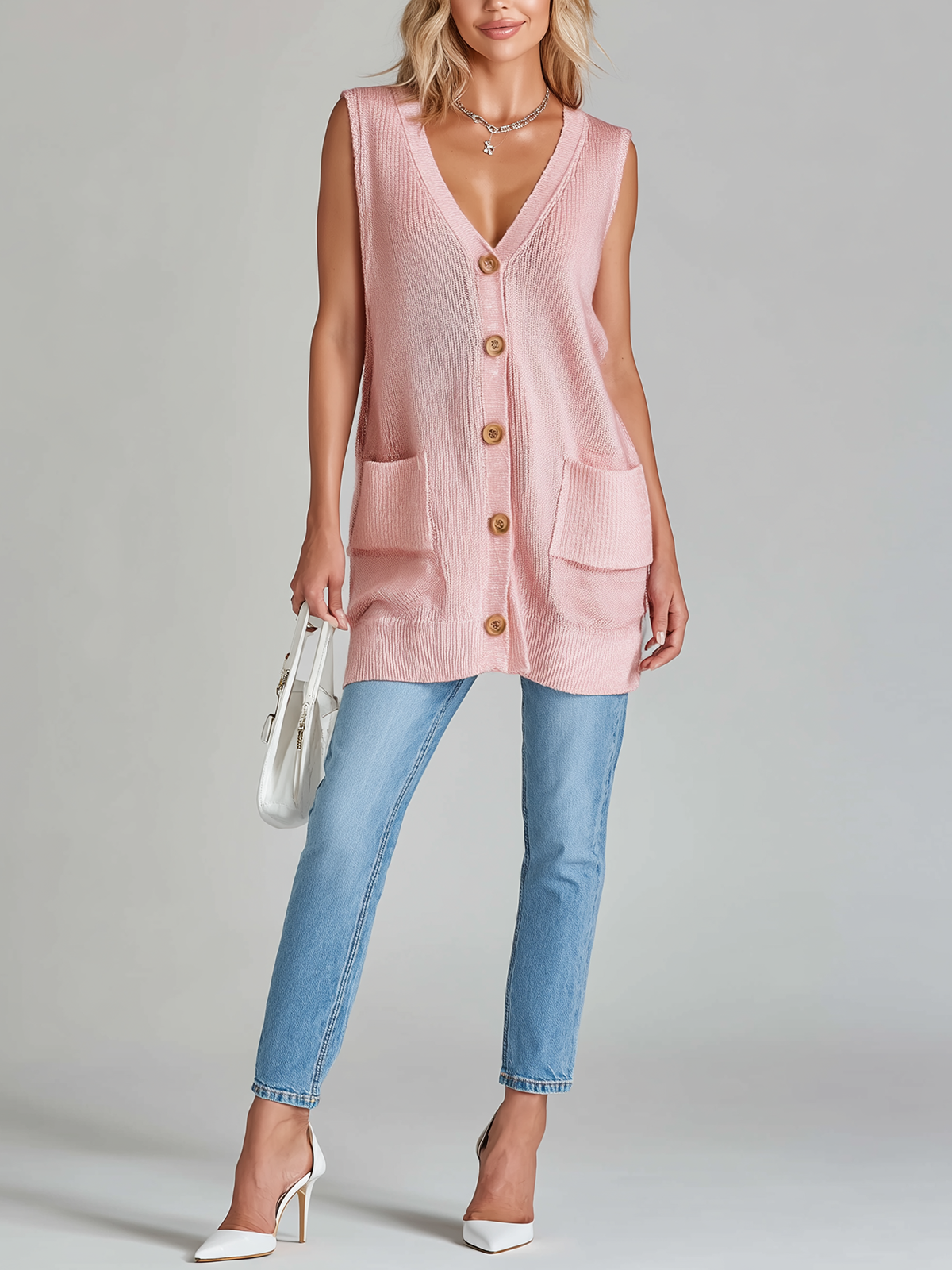 ElevenOra Fashion Casual Pink Loose Sleeveless V-neck Button  Patch Pockets Knit Vest