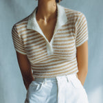 ElevenOra Chic Casual Camel-Beige Pinstripe Lapel V-Neck Short-Sleeve Slim-Fit Knit Sweater Top