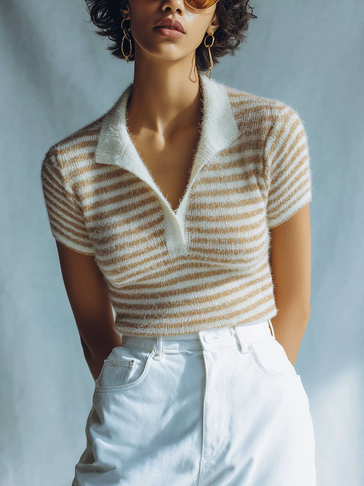 ElevenOra Chic Casual Camel-Beige Pinstripe Lapel V-Neck Short-Sleeve Slim-Fit Knit Sweater Top