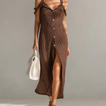 ElevenOra Chic Elegant Caramel Brown V-Neck Sleeveless Single-Breasted Loose-Fit Ribbed Knit Midi Dress