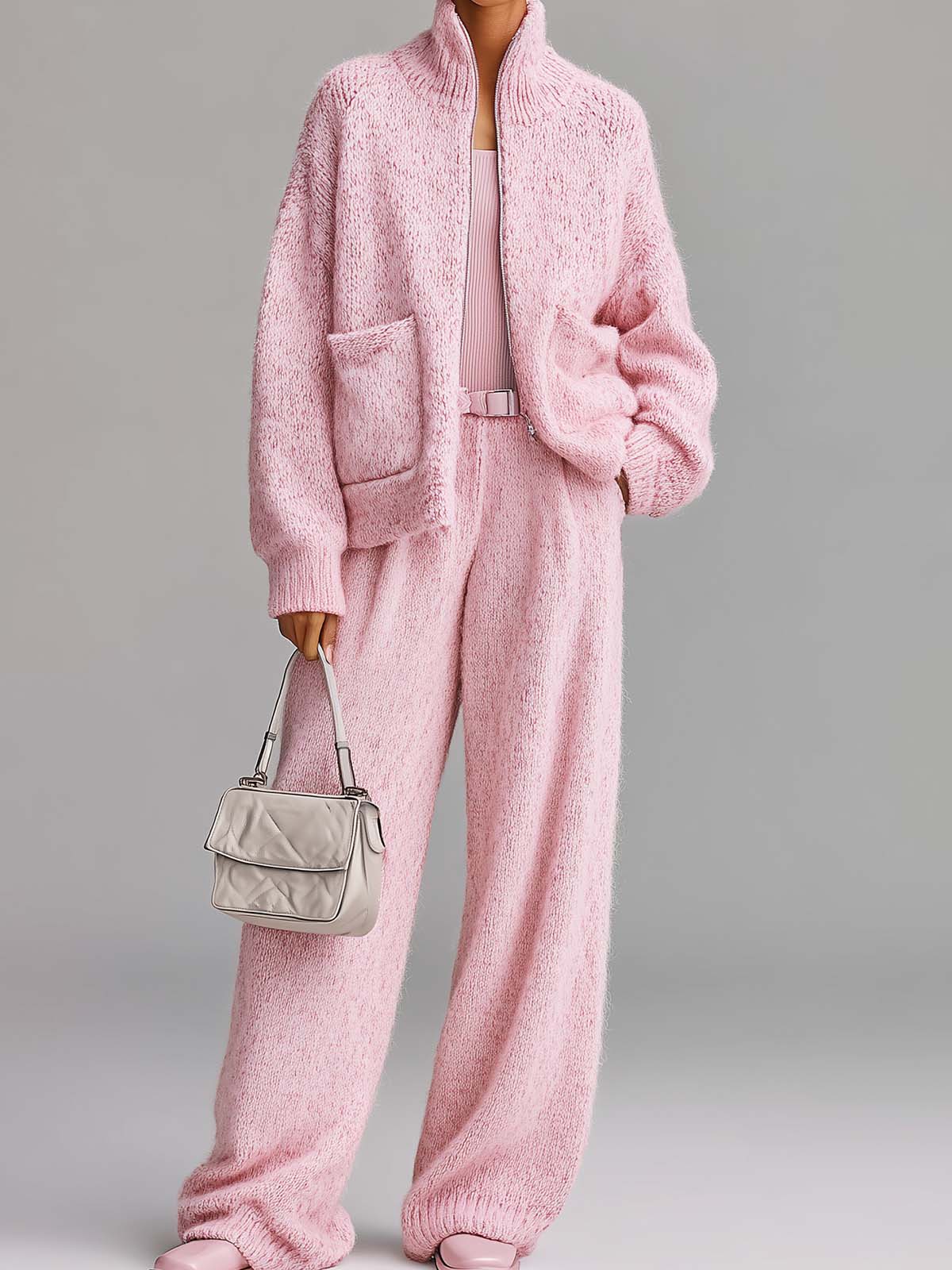 ElevenOra Chic Elegant Light Pink Stand-collar Long-sleeved Patch Pocket Zip-up Cardigan Wide-Leg Pants Knit Two-piece Set