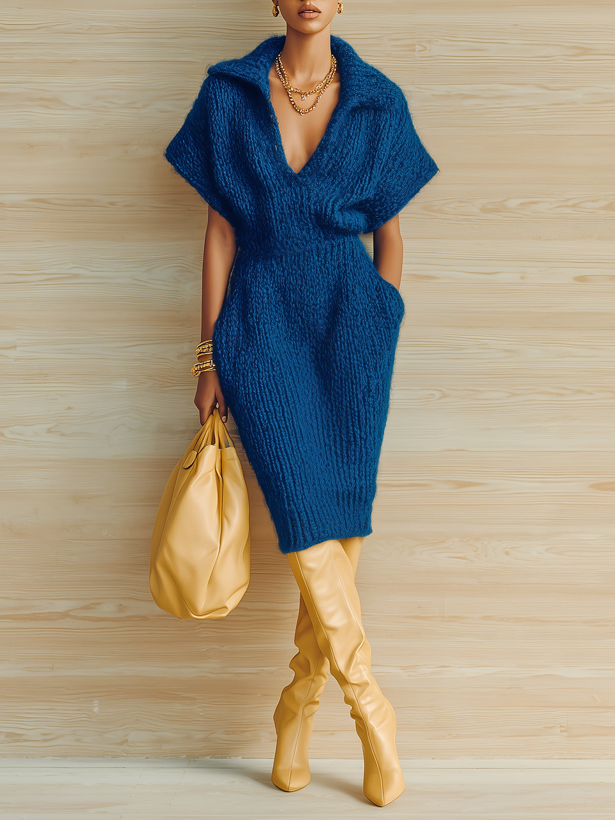 ElevenOra Chic Vintage Royal Blue Lapel V-Neck Short-Sleeve Tailored Waist Loose Knit Midi Dress