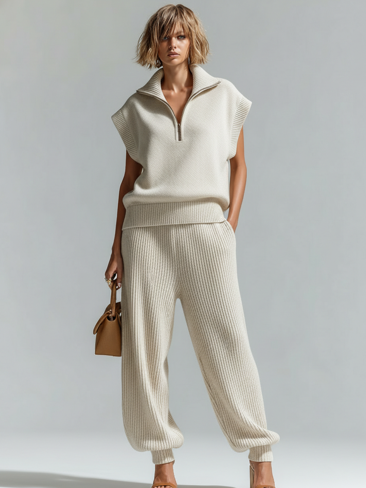 ElevenOra Chic Casual White Lapel-Collar Zip-Front Sleeveless Loose Vest Wide-Leg Pants Knit Two-Piece Set