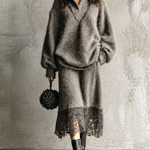 ElevenOra Chic Casual Taupe Stand Collar V‑Neck Long Sleeve Loose-Fit Sweater A-Line Lace Hem Midi Skirt Soft Fuzzy Knit Two-Piece Set