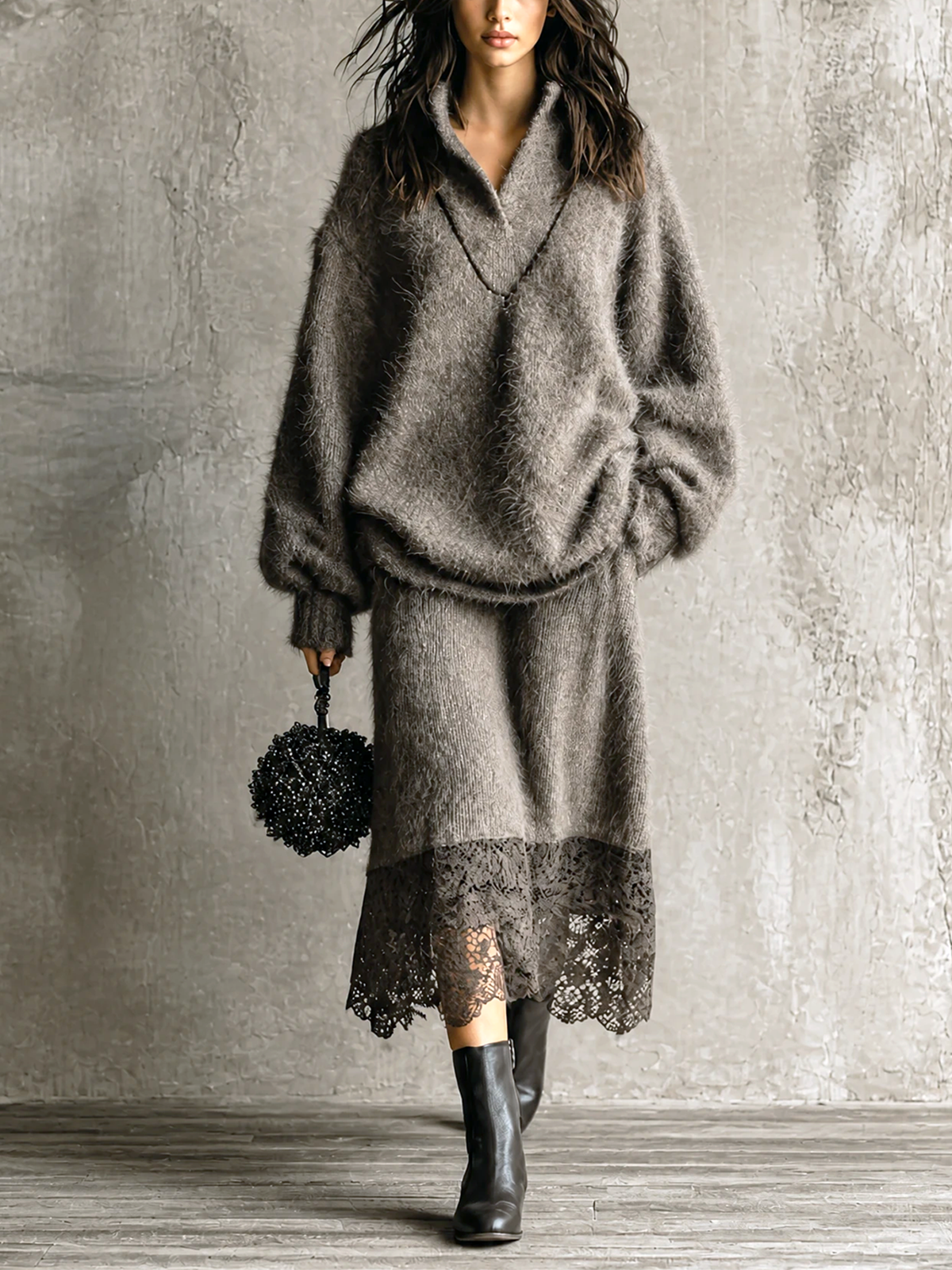 ElevenOra Chic Casual Taupe Stand Collar V‑Neck Long Sleeve Loose-Fit Sweater A-Line Lace Hem Midi Skirt Soft Fuzzy Knit Two-Piece Set