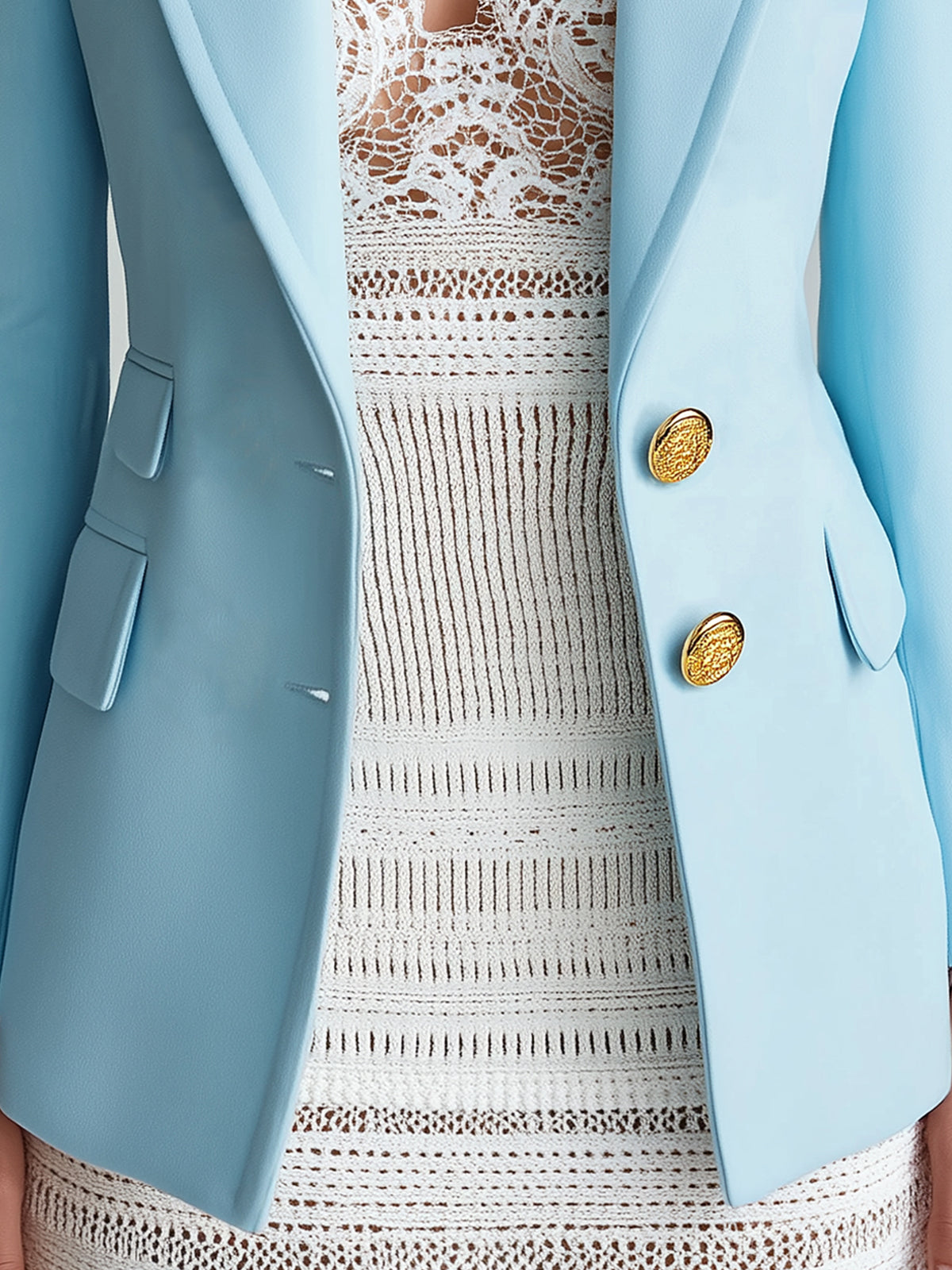 ElevenOra Chic Vintage Baby Blue Peaked Lapel Metal Button Single-Breasted Tailored Blazer