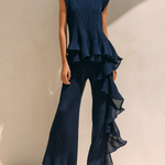 ElevenOra Chic Elegant Deep Blue Ruffles Round-Neck Cap Sleeve Loose Tops Wide-Leg Ruffles Pants Rib Knit Two-Piece Set