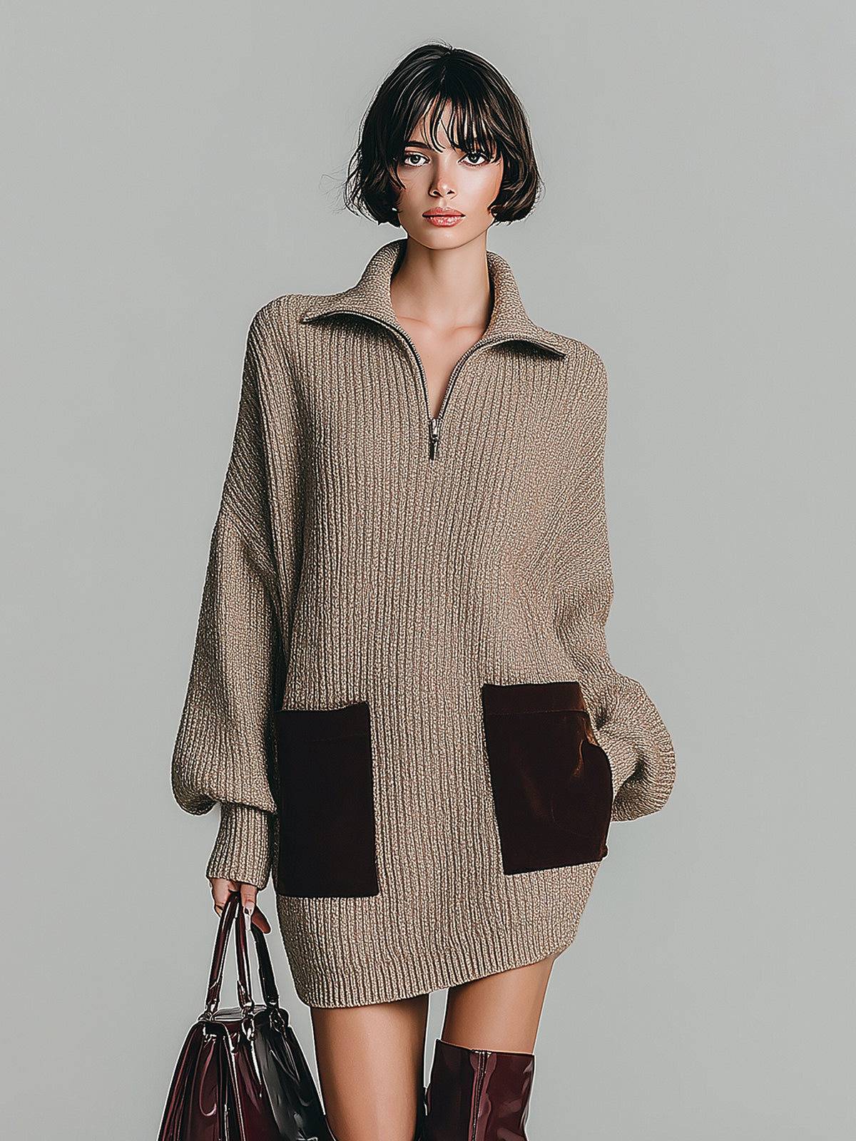 ElevenOra Chic Casual Zip-up Lapel Contrast Suede Patch Pocket Long Sleeve Oversized Knit Mini Dress