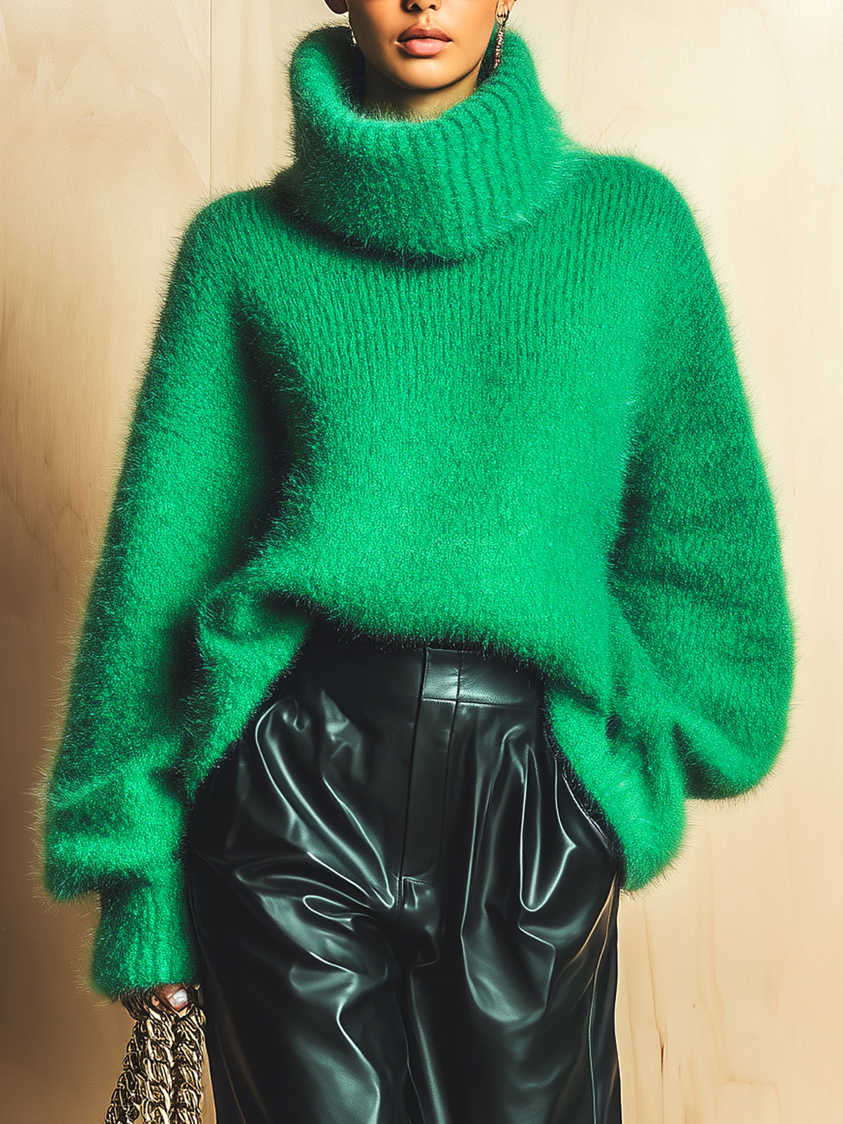ElevenOra Chic Vintage Dark Green Turtleneck Long Sleeve Oversized Warm Fuzzy Knit Sweater