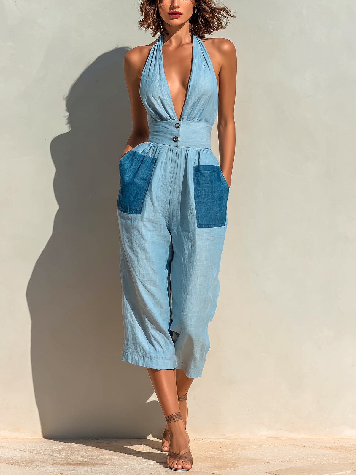 ElevenOra Chic Elegant Blue Colorblock Linen Blend Halter V-Neck Sleeveless  Patch Pockets Tailored-Waist Cropped Jumpsuit