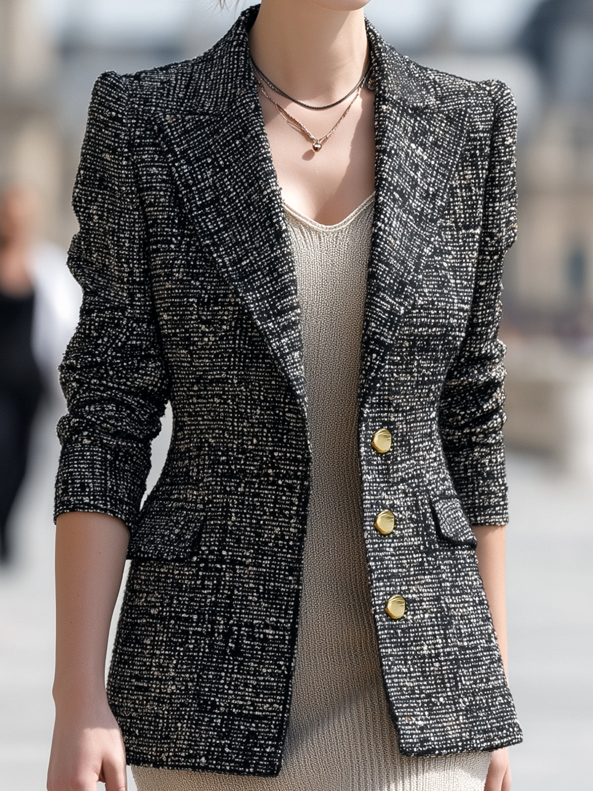 ElevenOra Chic Vintage Tweed Peak-lapel Single-breasted Slim-fit Blazer