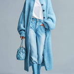 ElevenOra Chic Casual Light Blue Lapel Single-Breasted Lantern Sleeve Maxi-Length Slouchy Knit Cardigan
