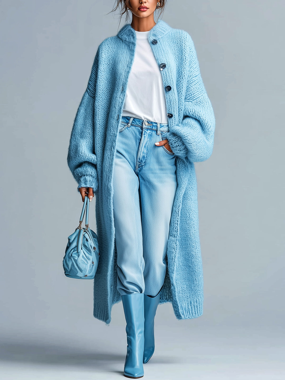 ElevenOra Chic Casual Light Blue Lapel Single-Breasted Lantern Sleeve Maxi-Length Slouchy Knit Cardigan
