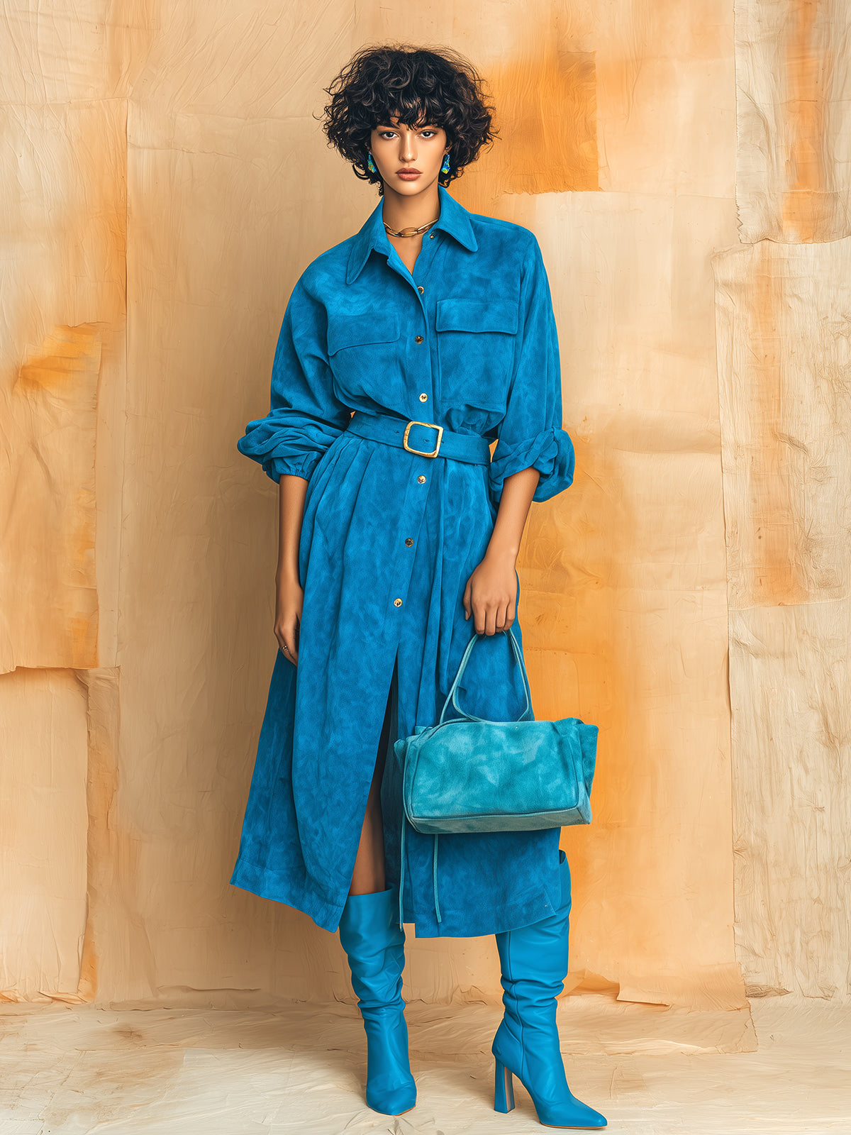 ElevenOra Chic Vintage Royal Blue Faux Suede Lapel Single-Breasted Long Sleeve Oversized Belted Maxi Dress