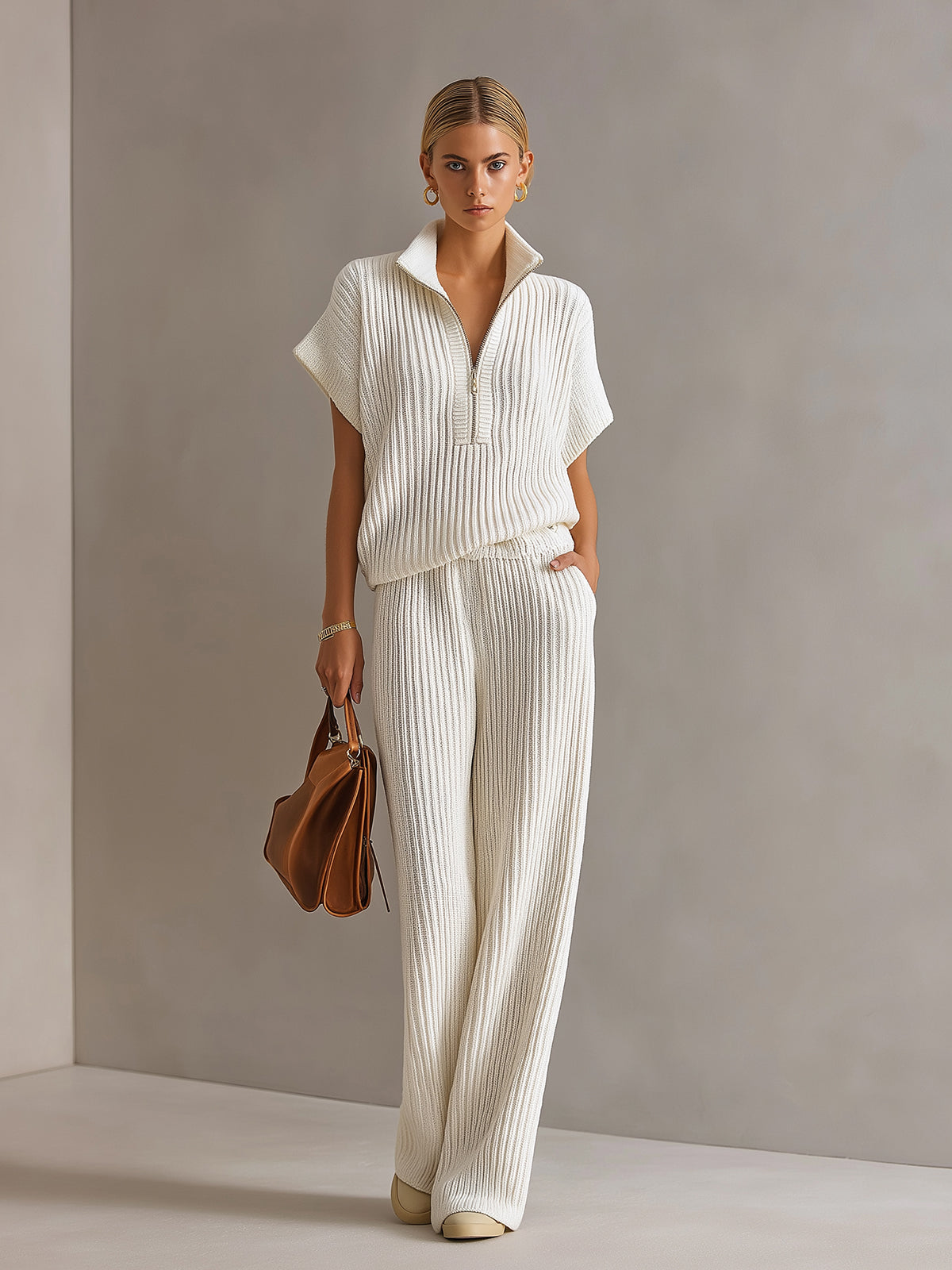 ElevenOra Chic Elegant Cream White Zipper-Up Stand Collar Oversize Short-Sleeve Sweater  Wide-Leg Pants Ribbed Knit Two-Piece Set