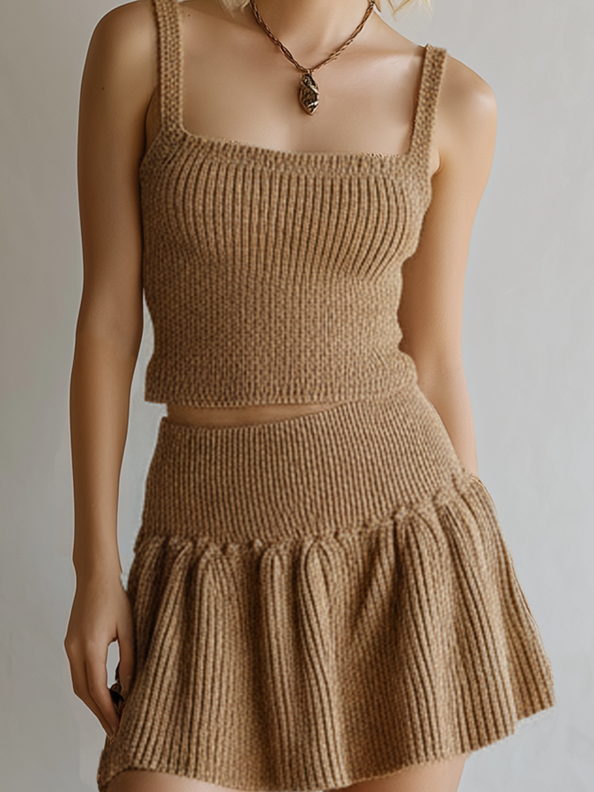 ElevenOra Chic Casual Camel Square Neck Sleeveless Tank Top Mini Skirt Knit Two-Piece Set