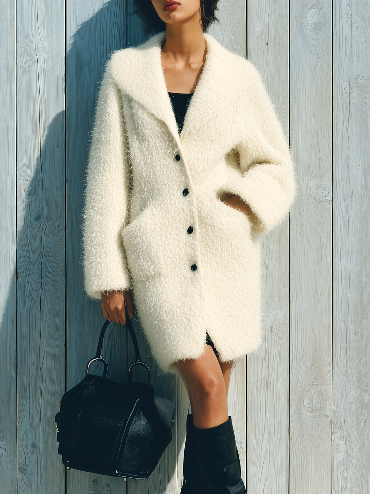 ElevenOra Chic Vintage Cream White Oversized Lapel Single-Breasted Patch Pocket Long-Sleeve Knit Midi Dress