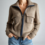 ElevenOra Chic Casual Camel Lapel Zipper-Front Chest Pocket Long-Sleeve Loose Knit Cardigan