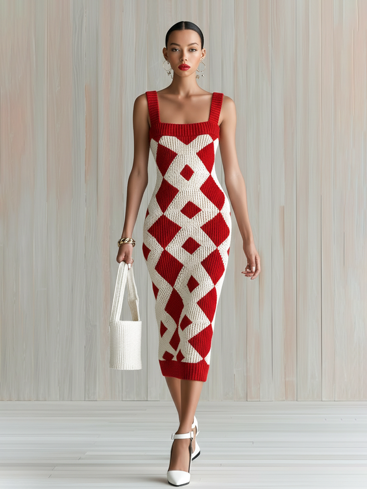 ElevenOra Chic Elegant Red-White Geometric Jacquard Strappy Sleeveless Slim-Fit Ribbed Knit Midi Dress