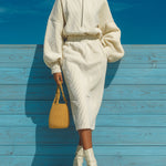 ElevenOra Chic Casual Cream White Corduroy Zip-Up Stand Collar Oversized Sweatshirt Elastic Waist Midi Skirt Two-Piece Set