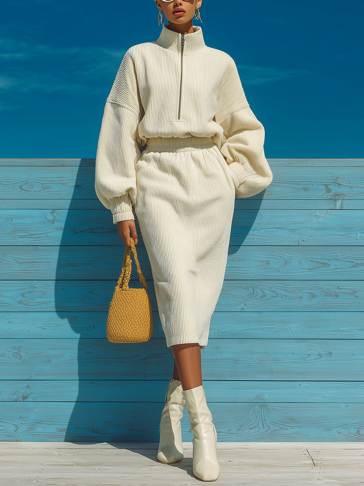 ElevenOra Chic Casual Cream White Corduroy Zip-Up Stand Collar Oversized Sweatshirt Elastic Waist Midi Skirt Two-Piece Set