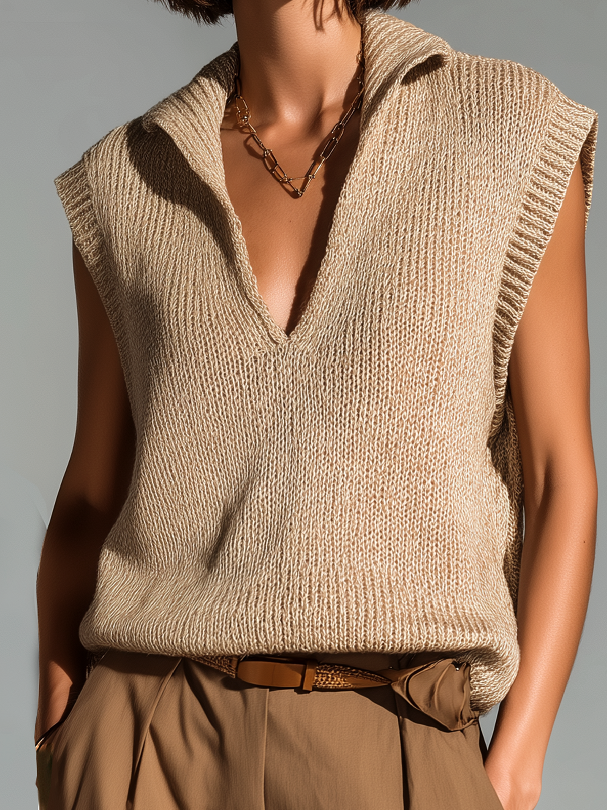 ElevenOra Fashion Casual Camel Lapel Deep V-neck Loose Sleeveless Knit Vest
