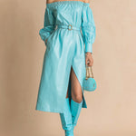 ElevenOra Chic Elegant Blue Faux Leather Off The Shoulder Loose Fit Belted Long Sleeve Slit Midi Dress
