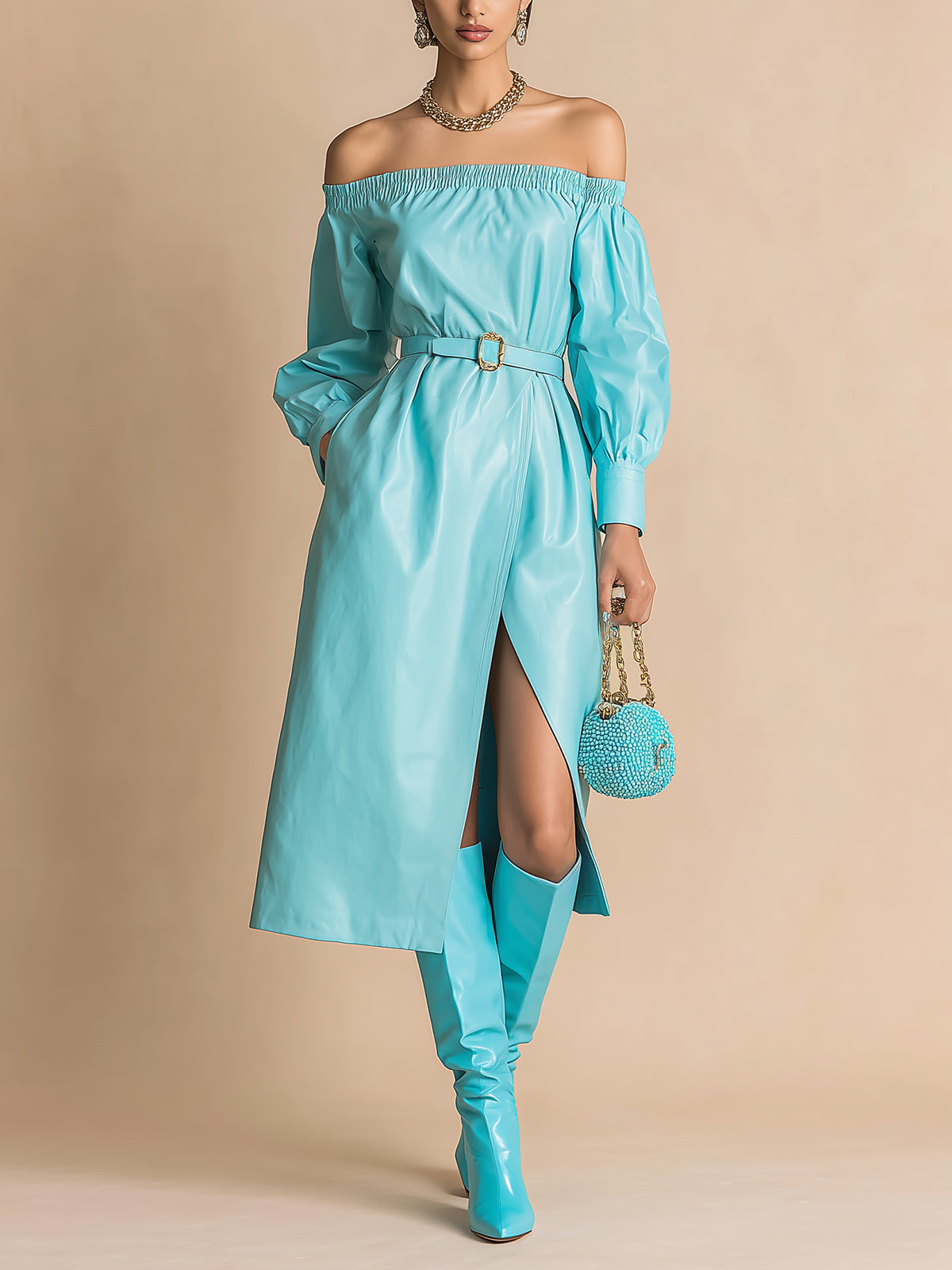 ElevenOra Chic Elegant Blue Faux Leather Off The Shoulder Loose Fit Belted Long Sleeve Slit Midi Dress