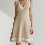 ElevenOra Chic Elegant Camel V-Neck Sleeveless Contrast Trim Tailored Waist A-Line Knit Mini Dress