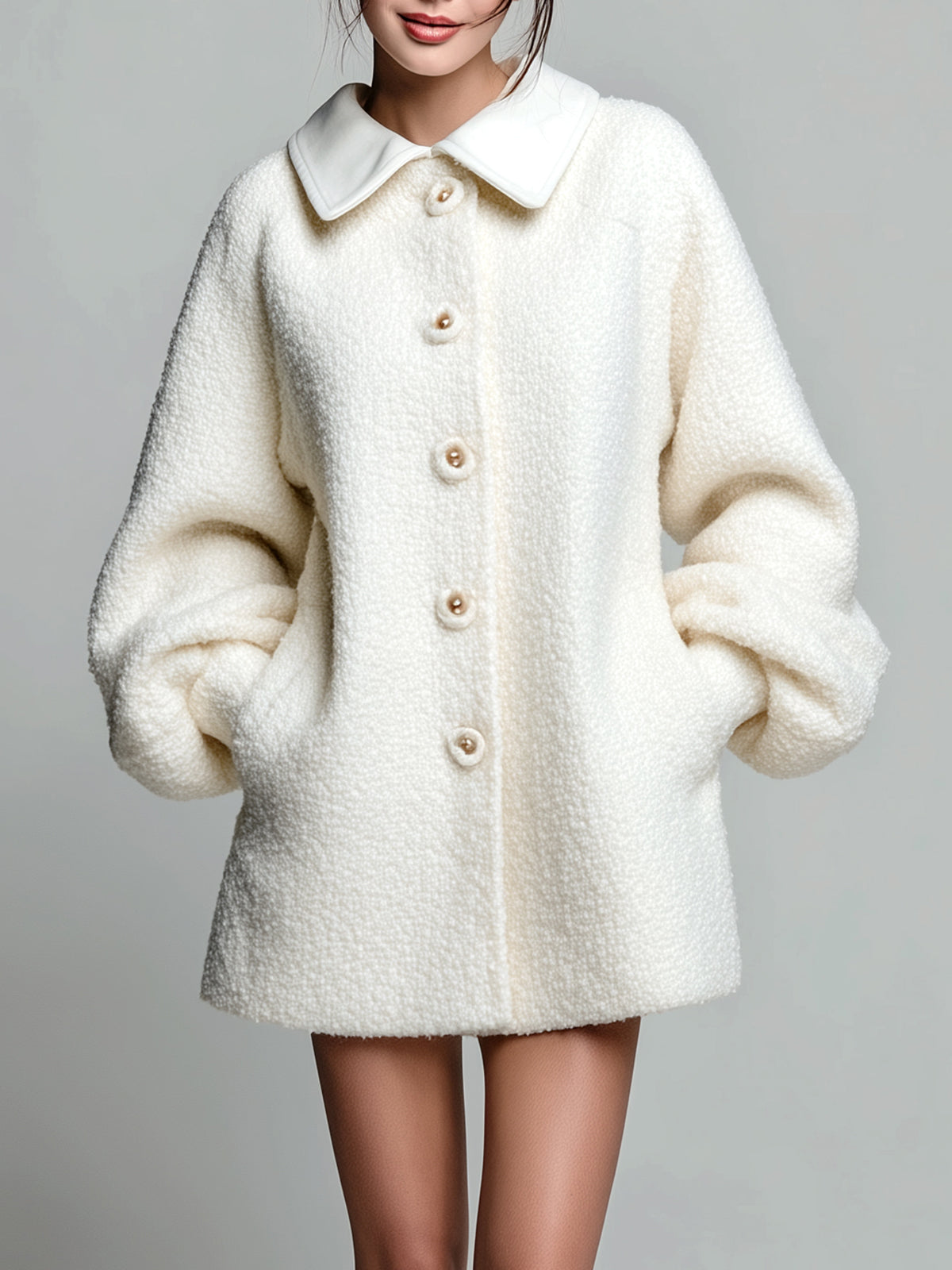 ElevenOra Vintage Textured Wool Blend Patchwork Peter Pan Collar Single-Breasted Puff Sleeves A-Line Mini Coat