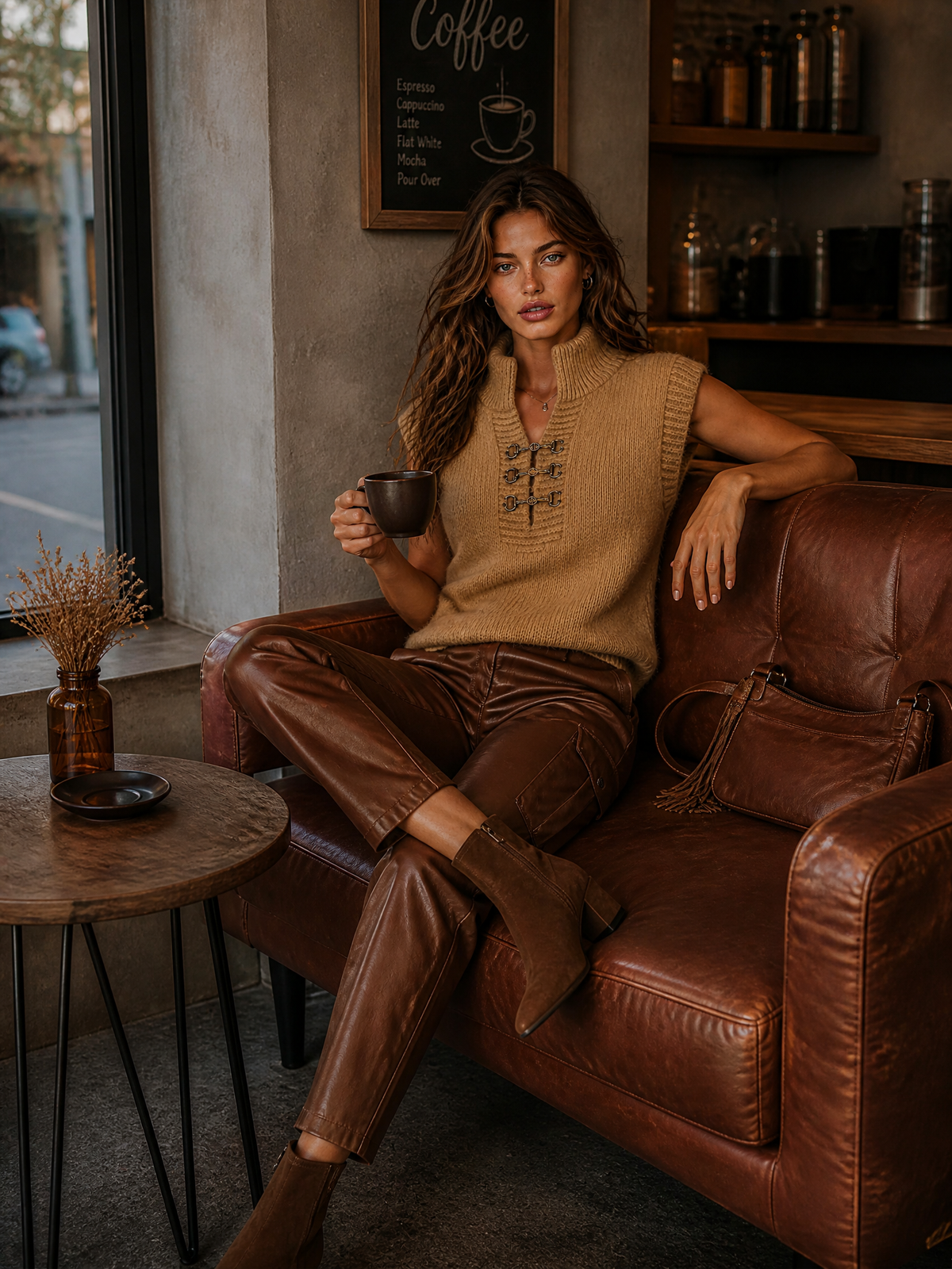 ElevenOra Chic Elegant Camel Stand Collar V-Neck Horsebit Detail Sleeveless Loose-Fit Knit Vest Top
