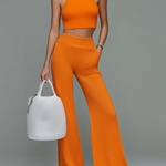 ElevenOra Fashion Elegant Orange High-Neck Slim-Fit Tank Top Elastic Waist Wide-Leg Pants Ribbed Knit Two-Piece Set