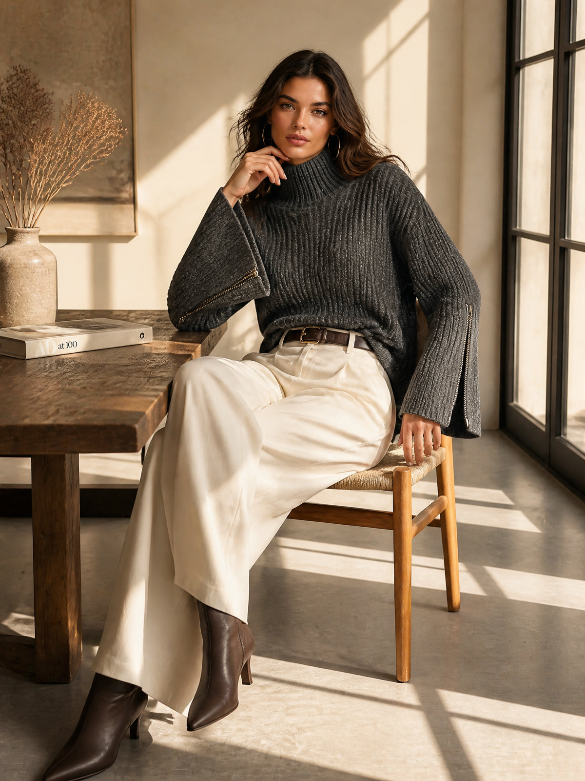 ElevenOra Chic Elegant Gray Turtleneck Long-Flare-Sleeve Decorative Zippers Loose-Fit Wool Blend Ribbed Knit Sweater
