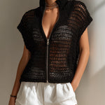 ElevenOra Chic Casual Black Stand Collar Short-Sleeve Loose-Fit Zipper-Front Hollow-Out Knit Cardigan Top