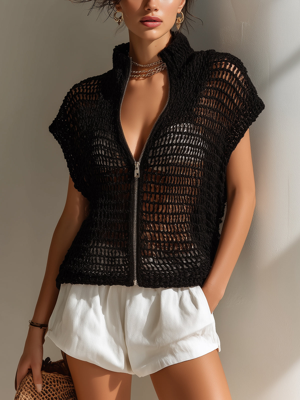 ElevenOra Chic Casual Black Stand Collar Short-Sleeve Loose-Fit Zipper-Front Hollow-Out Knit Cardigan Top