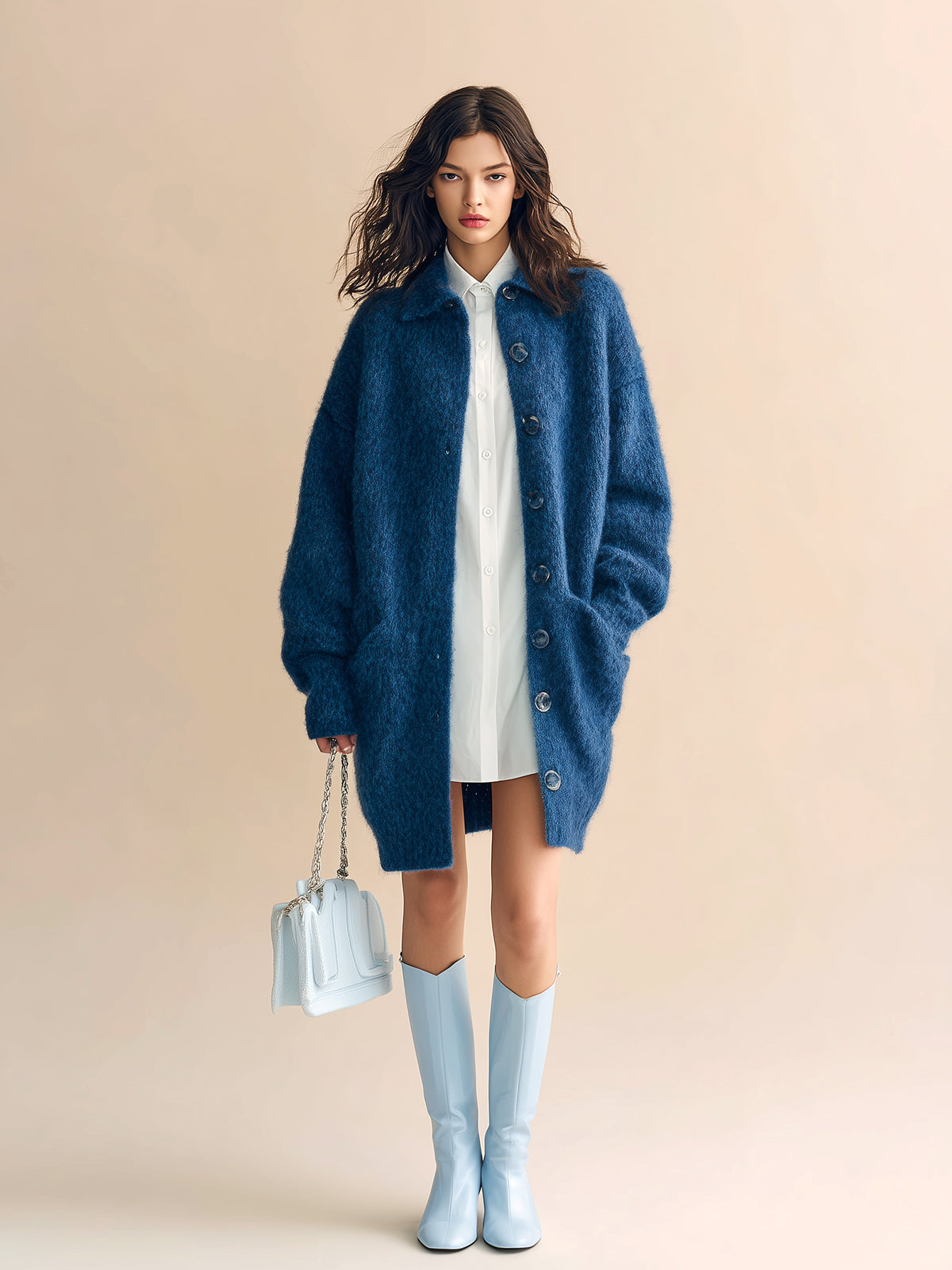 ElevenOra Chic Vintage Dark Blue Lapel Single-Breasted Long Sleeve Oversized Knit Mid-Length Cardigan