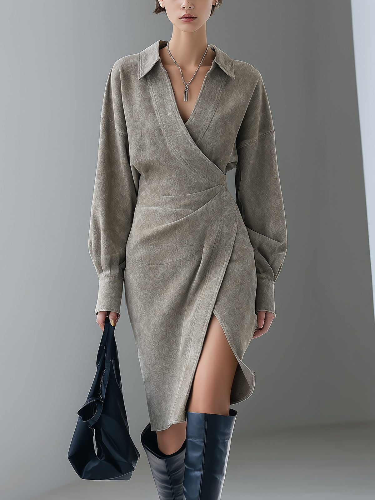 ElevenOra Chic Vintage Gray Faux Suede Lapel V-Neck Wrapped Slit Long Sleeve Slim Fit Midi Dress