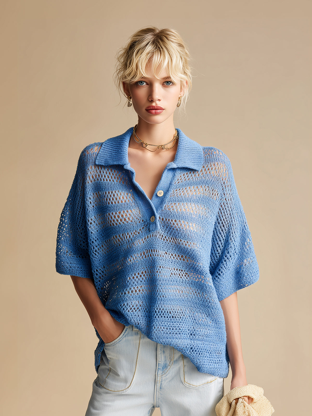 ElevenOra Chic Vintage Dark Blue Hollow Out Stripes Button-Up Lapel Collar Short-Sleeve Loose-Fit Breathable Knit Sweater Top