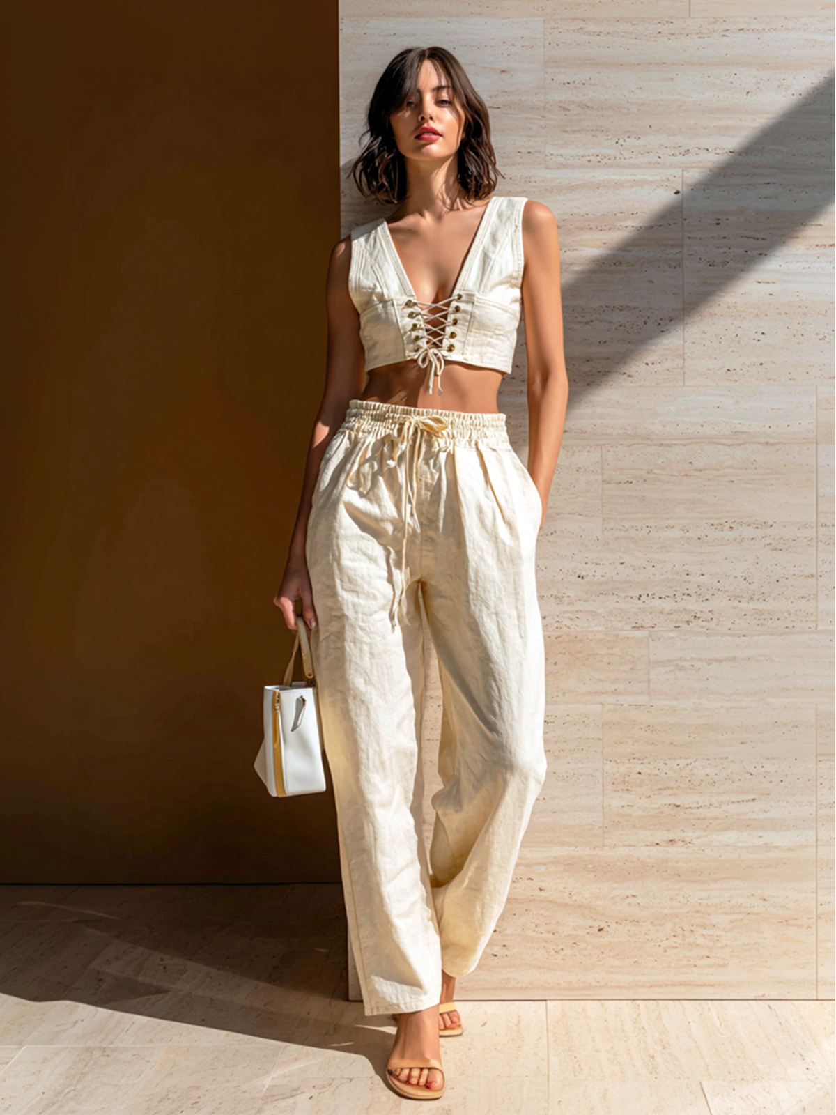 ElevenOra Chic Elegant White V-Neck Eyelet Lace-Up Tank Top Loose Cotton Wide-Leg Pants Two-Piece Set