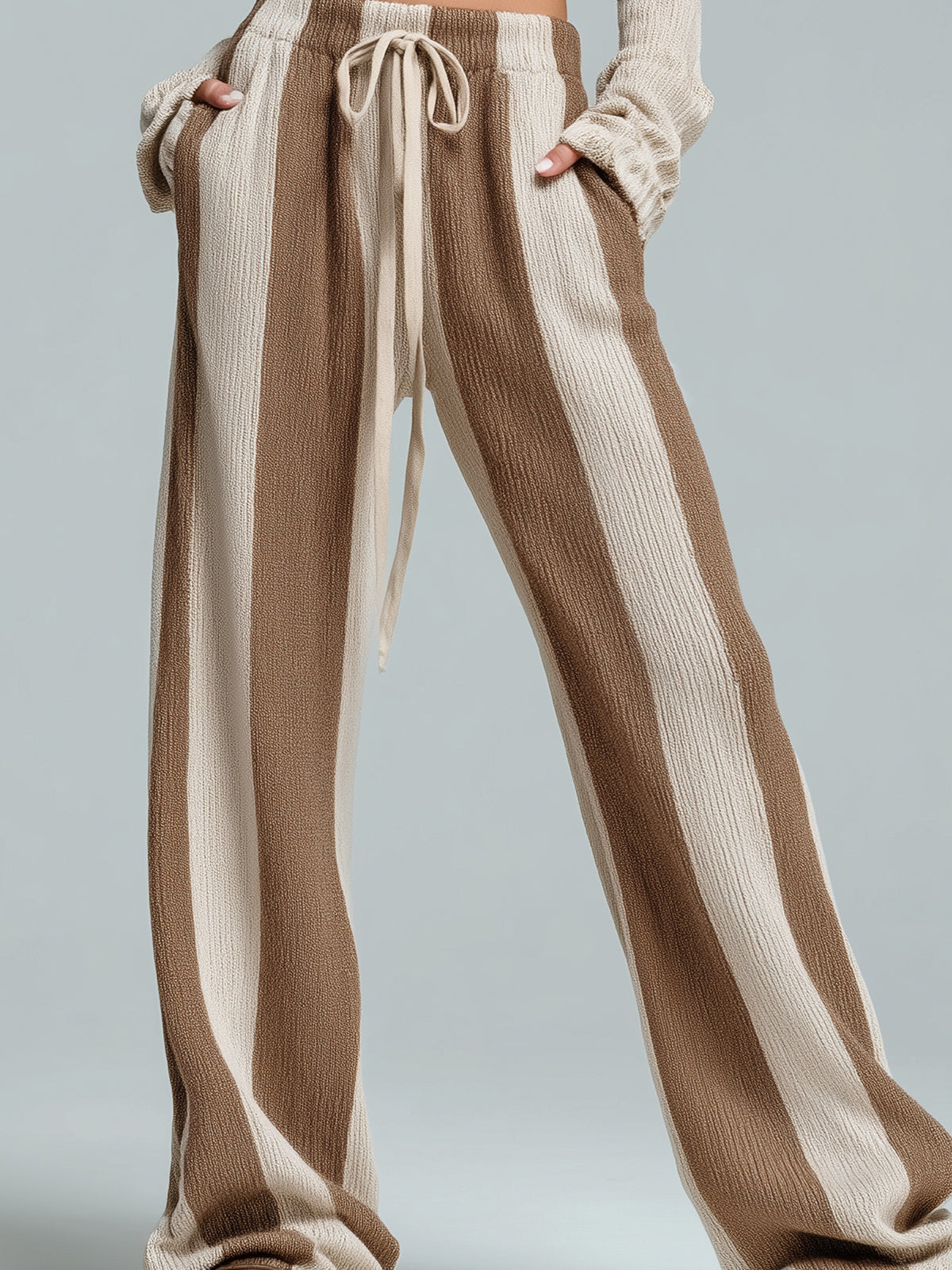 ElevenOra Chic Casual Brown Khaki Stripes Elastic Waist Loose-Fit Knit Wide-Leg Pants