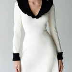 ElevenOra Elegant Ruffled Collar Color Block Fitted Knit Long Sleeve A-Line Mini Dress