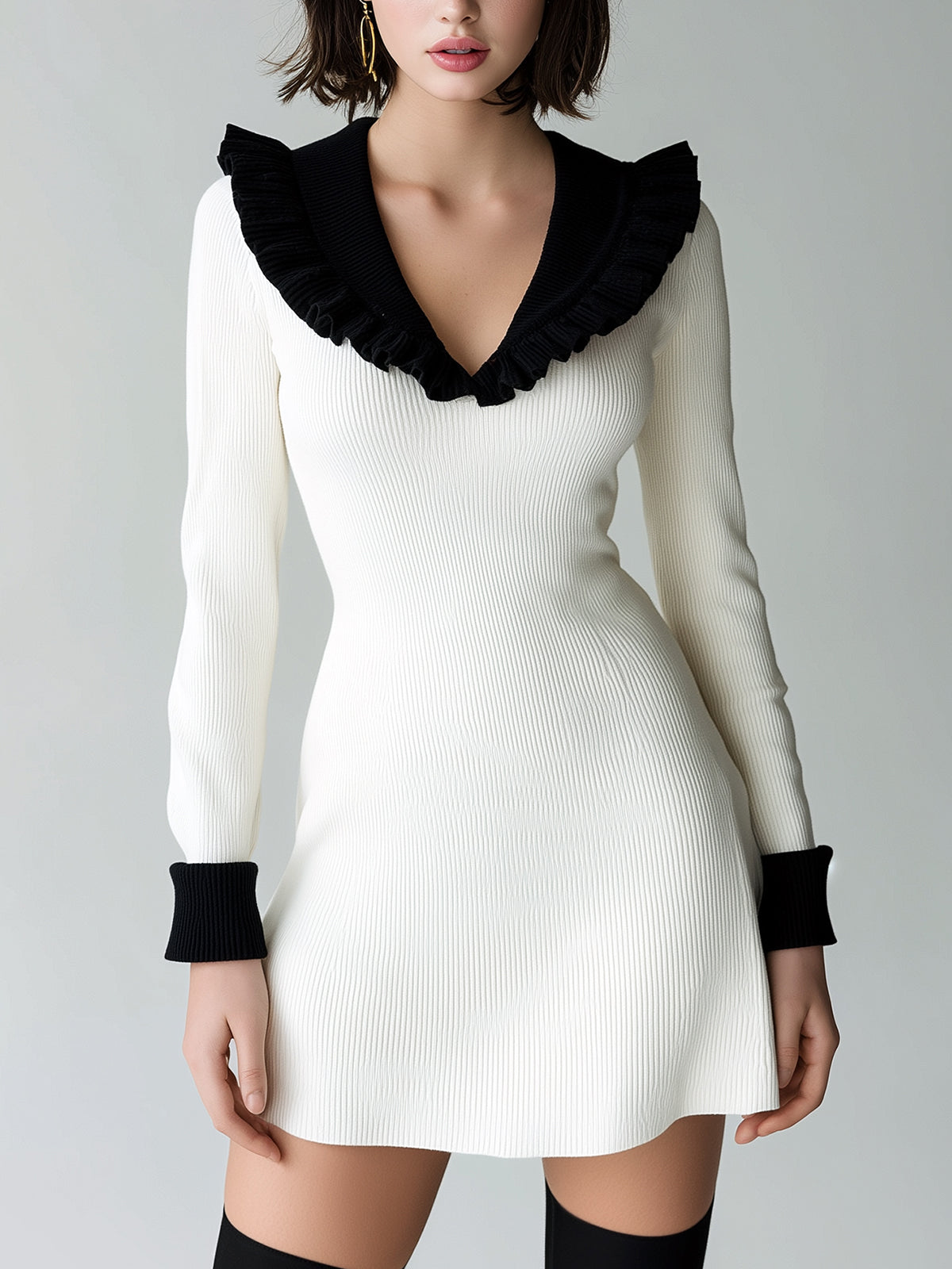 ElevenOra Elegant Ruffled Collar Color Block Fitted Knit Long Sleeve A-Line Mini Dress