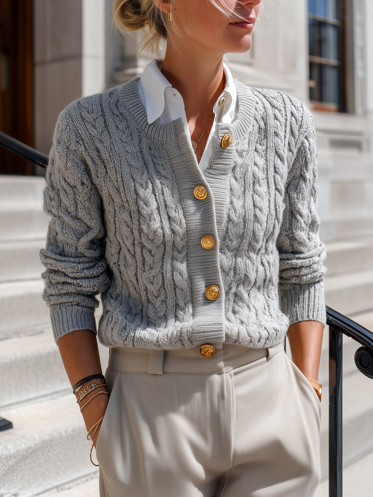 ElevenOra Casual Chic Light Gray Cable Knit Crew Neck Gold Button Cropped Cardigan