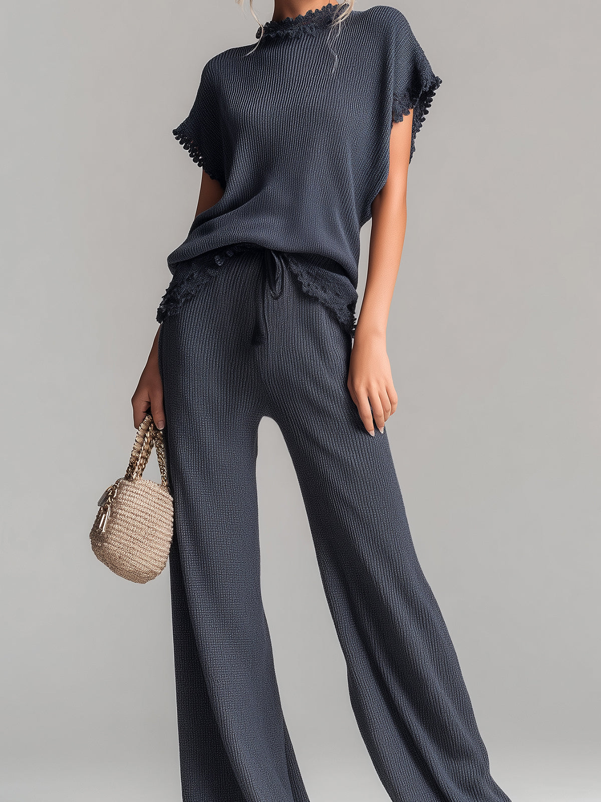 ElevenOra Chic Elegant Dark Gray Round Neck Short-Sleeve Loose-Fit Sweater Wide-Leg Pants Lace Details Ribbed Knit Two-Piece Set