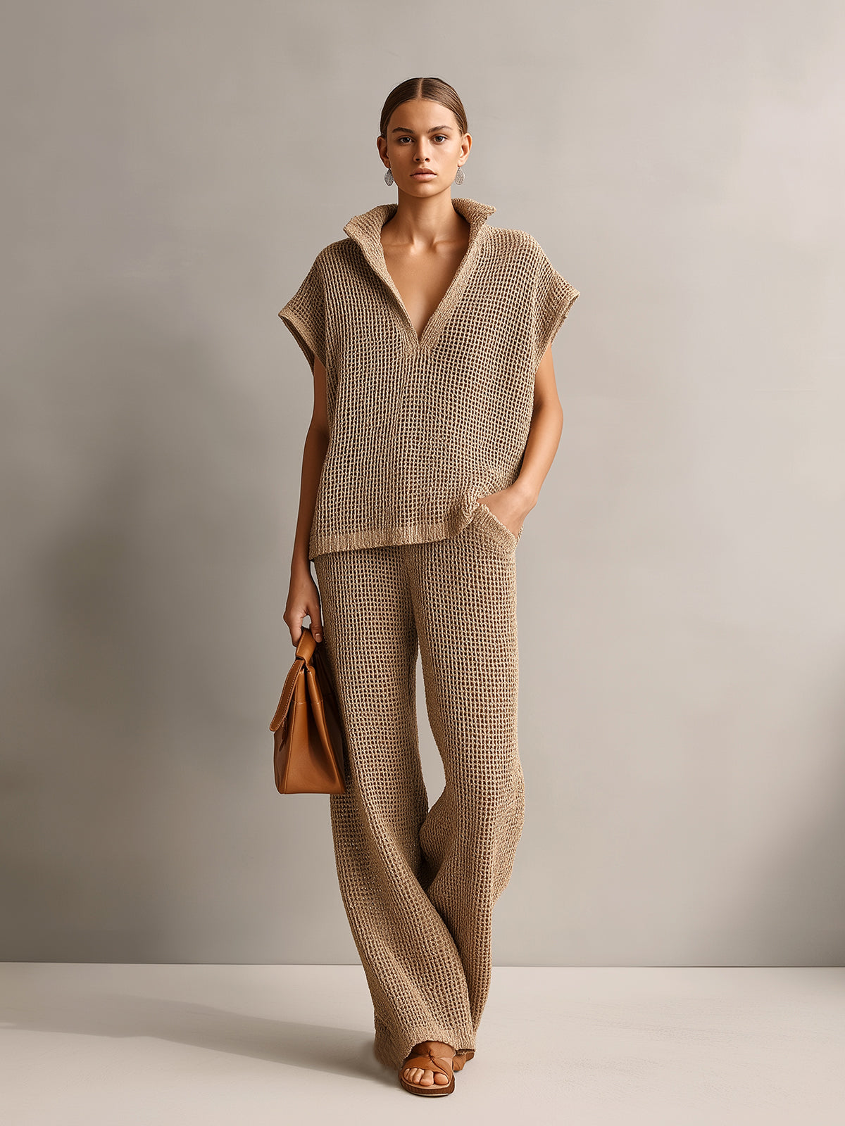 ElevenOra Chic Elegant Camel Stand Collar V-Neck Off-Shoulder Oversize Vest Beige Wide-Leg Pants Knit Two-Piece Set