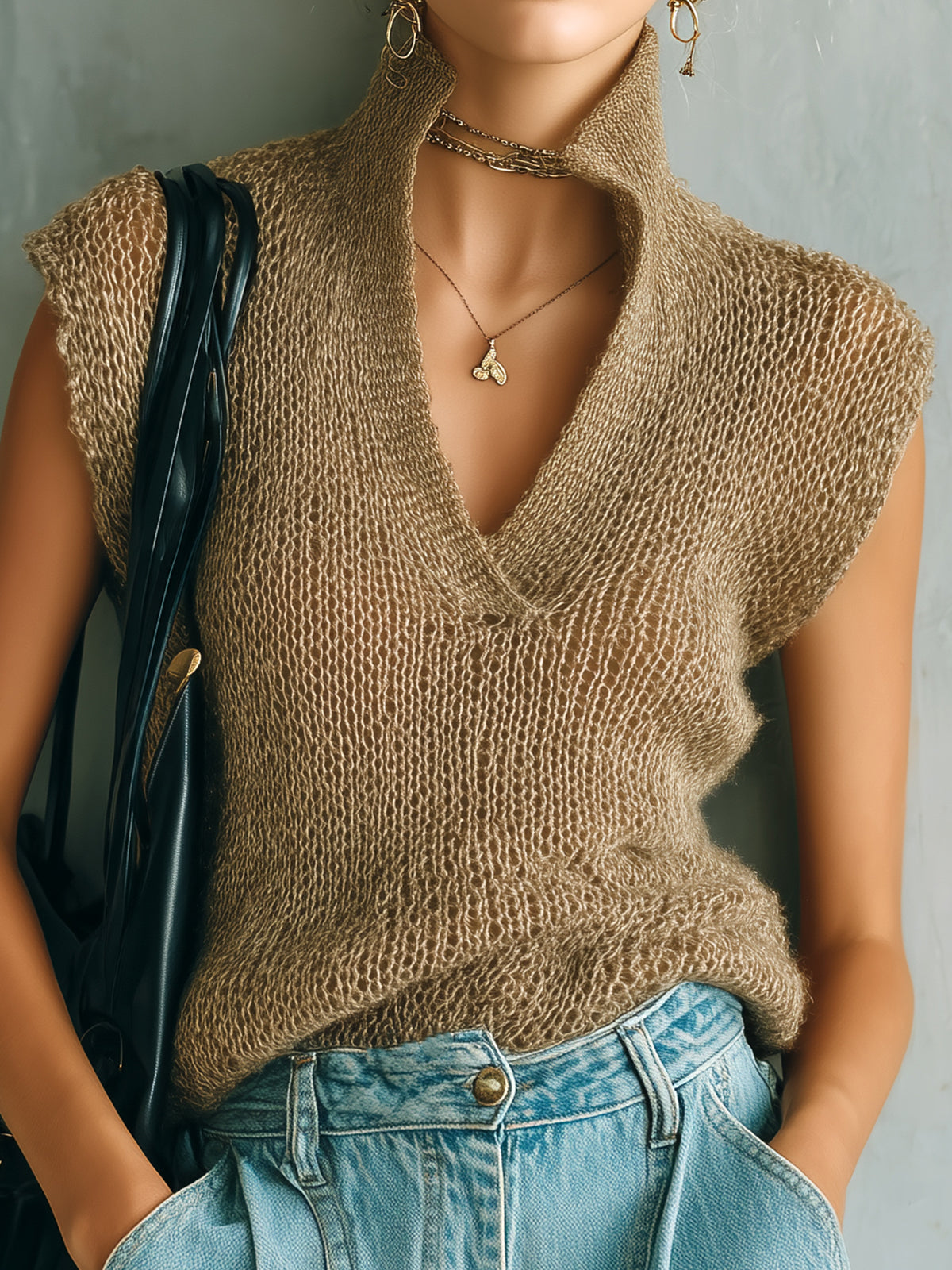 ElevenOra Chic Elegant Camel Stand Collar Loose-Fit Knit Hollow Mesh Knit Vest Top
