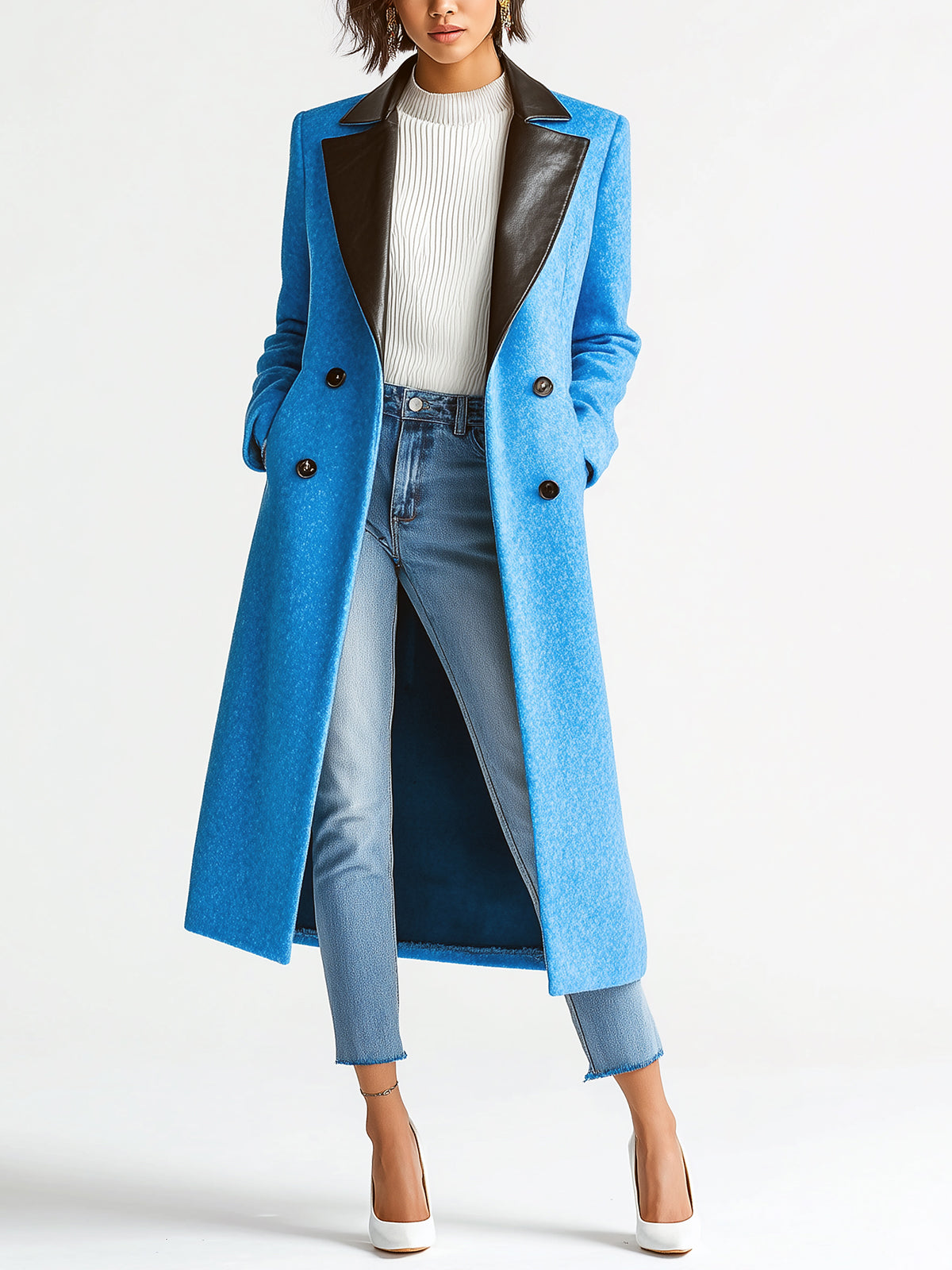 ElevenOra Chic Vintage Bright Blue Wool Blend Contrast PU Collar Paneled Double-Breasted Long Coat