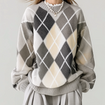 ElevenOra Chic Casual Argyle Plaid Gray White Round Neck Loose Knit Pullover Sweater
