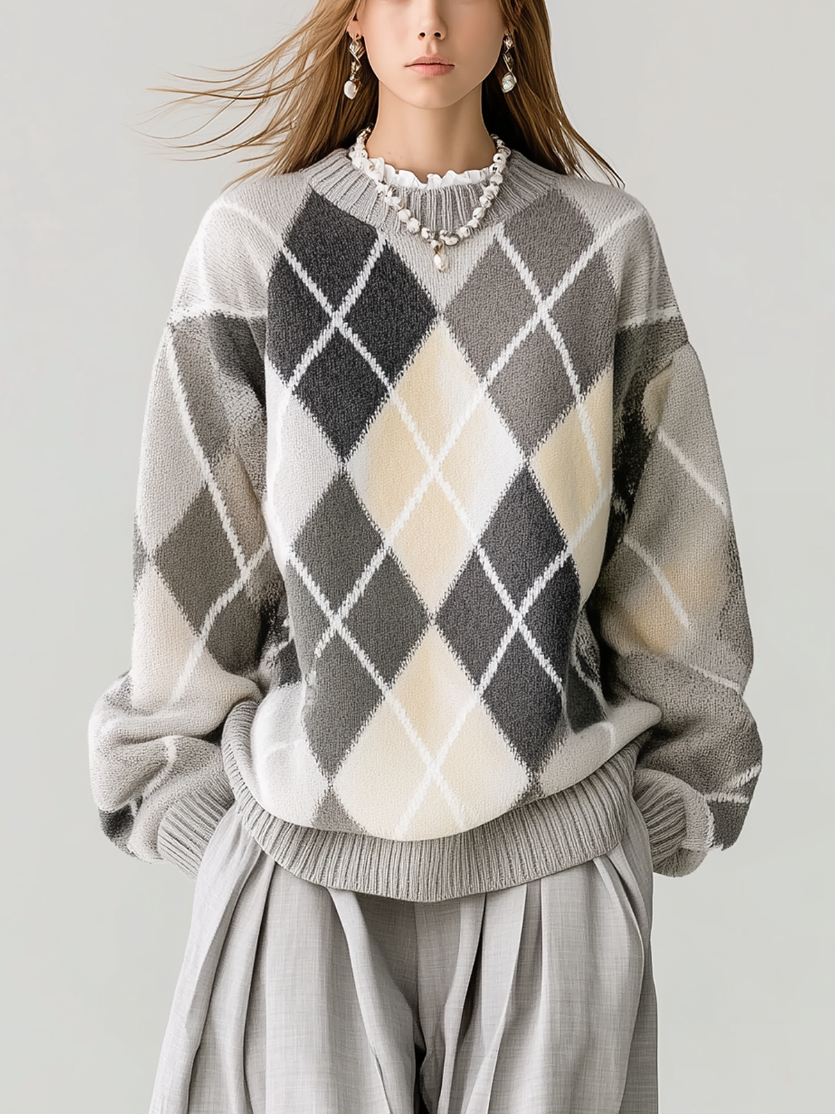 ElevenOra Chic Casual Argyle Plaid Gray White Round Neck Loose Knit Pullover Sweater